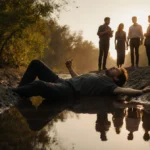 Man trapped in narrow riverbank crevice with legs toward water and worried bystanders walking away