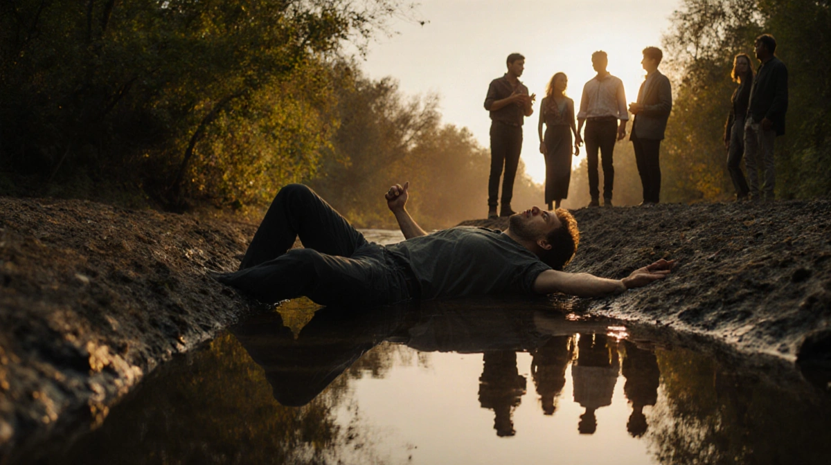 Man trapped in narrow riverbank crevice with legs toward water and worried bystanders walking away