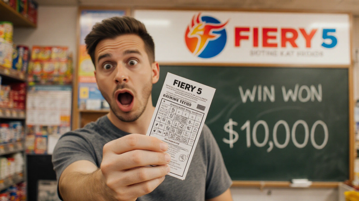 Man holds winning lottery ticket with surprised expression and $100000 prize showing on store display board