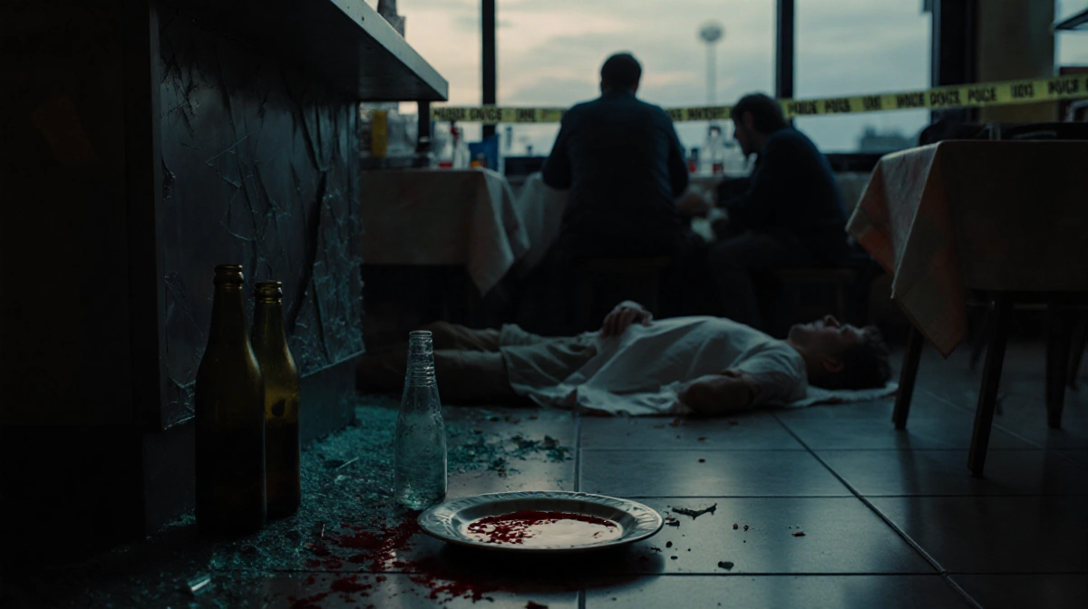 Police investigate Manchester crime scene with shattered glass and bloodstain on plate near motionless customer