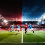 Split-screen Manchester derby shows Old Trafford and Etihad Stadium with neon colors and blurred players on pitch