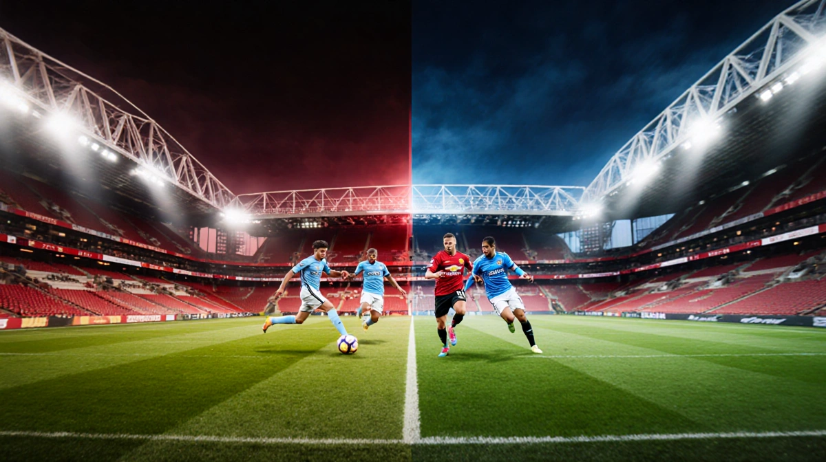 Split-screen Manchester derby shows Old Trafford and Etihad Stadium with neon colors and blurred players on pitch