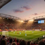 Manchester United and City players competing on field with packed stadium showing fans in team colors under bright lights