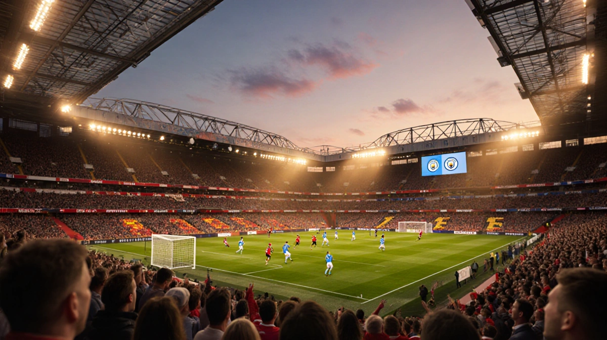 Manchester United and City players competing on field with packed stadium showing fans in team colors under bright lights