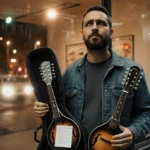 Man holding two mandolins with a mix of contrition and amusement near Lark Street Music storefront with reflected streetlight