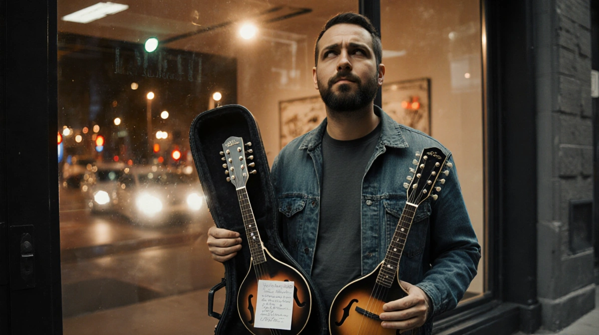 Man holding two mandolins with a mix of contrition and amusement near Lark Street Music storefront with reflected streetlight