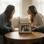 Mandy Moore listening to Kristin Tisdale with framed photo of children on coffee table between them
