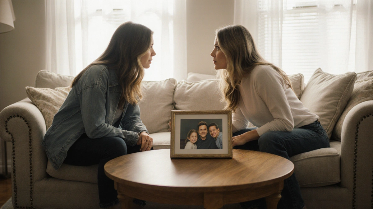 Mandy Moore listening to Kristin Tisdale with framed photo of children on coffee table between them