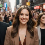 Mandy Moore leaving podcast taping with castmates and smiling at camera with bright city lights behind