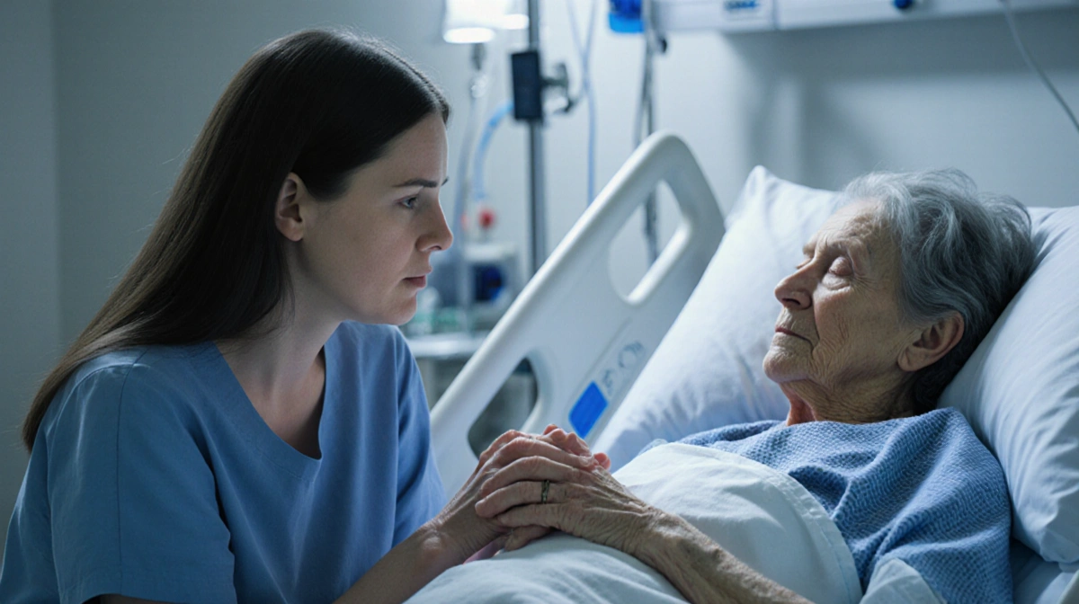 Mandy Shanahan holding her mother's hand at hospital bedside with dim lighting and blue gray tones showing emotional support