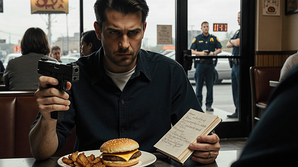 Mangione sitting at counter with gun silencer and notebook open to cryptic writing in busy McDonald's police near door