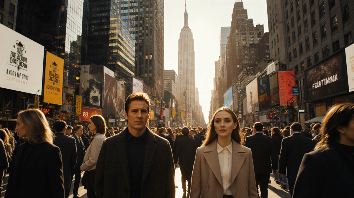 Kevin Bacon and Amanda Seyfried walking Manhattan street with skyscrapers and Times Square lights behind