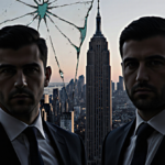Two men standing in formal attire with shadows and dark Manhattan skyline and broken mirror reflected behind them