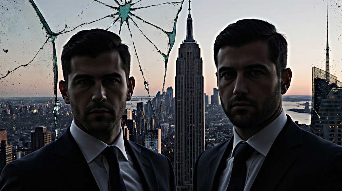 Two men standing in formal attire with shadows and dark Manhattan skyline and broken mirror reflected behind them