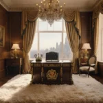 Luxury penthouse office with ornate desk and crown crest showing cityscape through windows