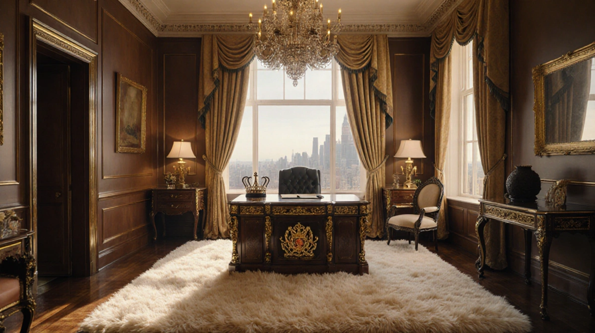 Luxury penthouse office with ornate desk and crown crest showing cityscape through windows
