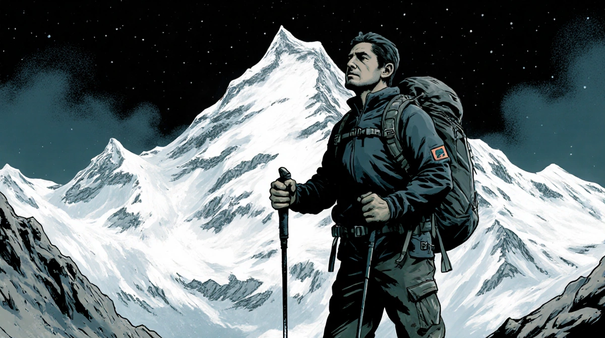 Manuel Vasquez stands with trekking pole looking regretful at snowy mountain peak with dangerous terrain ahead