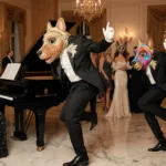 Dancers perform choreographed routine with colorful dog masks and elegant attire at Mar-a-Lago gala
