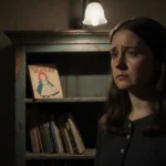 Mara Wilson stands with worn copy of Matilda and flickering light casting shadows behind her