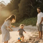 Maralee Nichols playing beach ball with her son while Tristan Thompson watches with a gentle smile at sunset