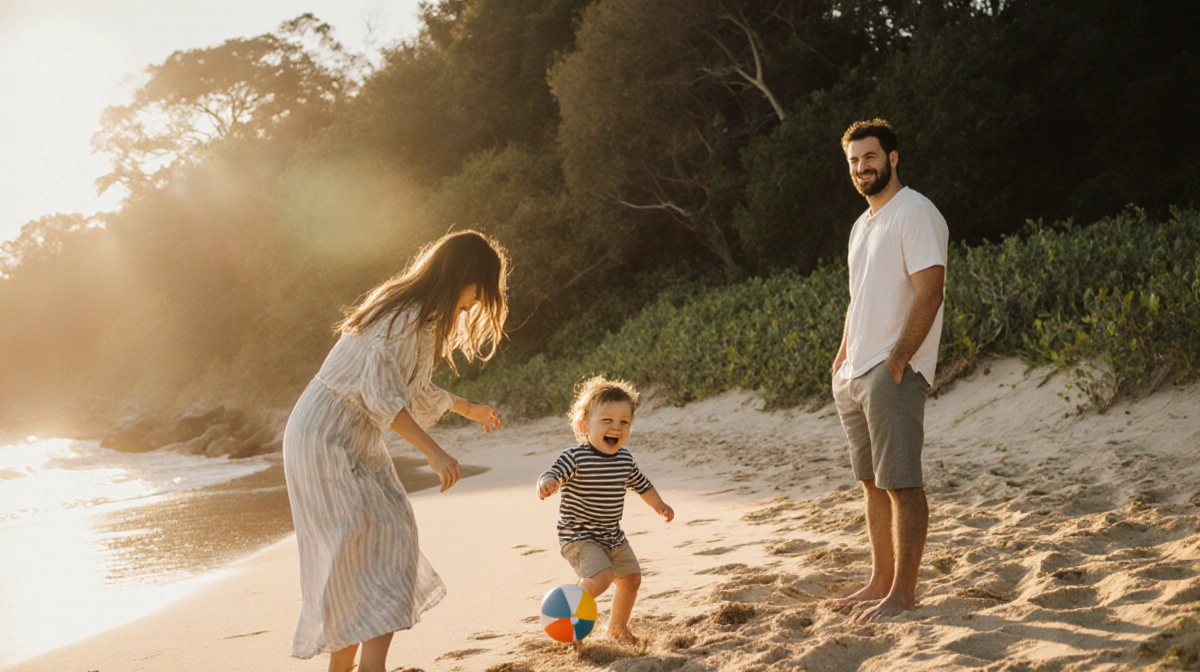 Maralee Nichols playing beach ball with her son while Tristan Thompson watches with a gentle smile at sunset