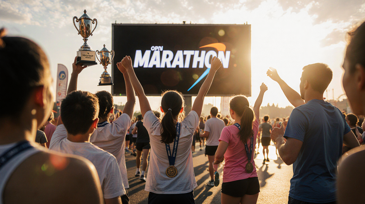 Runners raise arms toward large screen with marathon logo and medals nearby under golden hour light