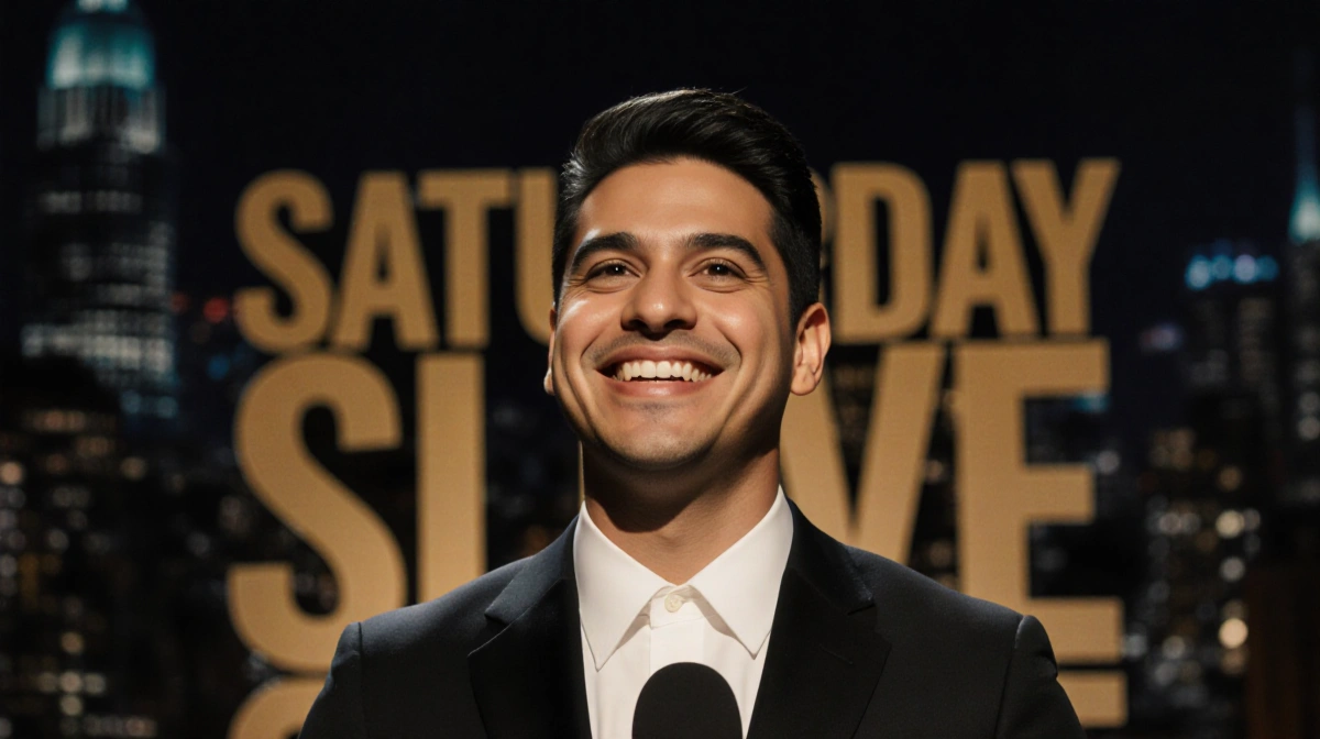 Marcello Hernández standing at microphone with Saturday Night Live logo behind him and golden glow illuminating face