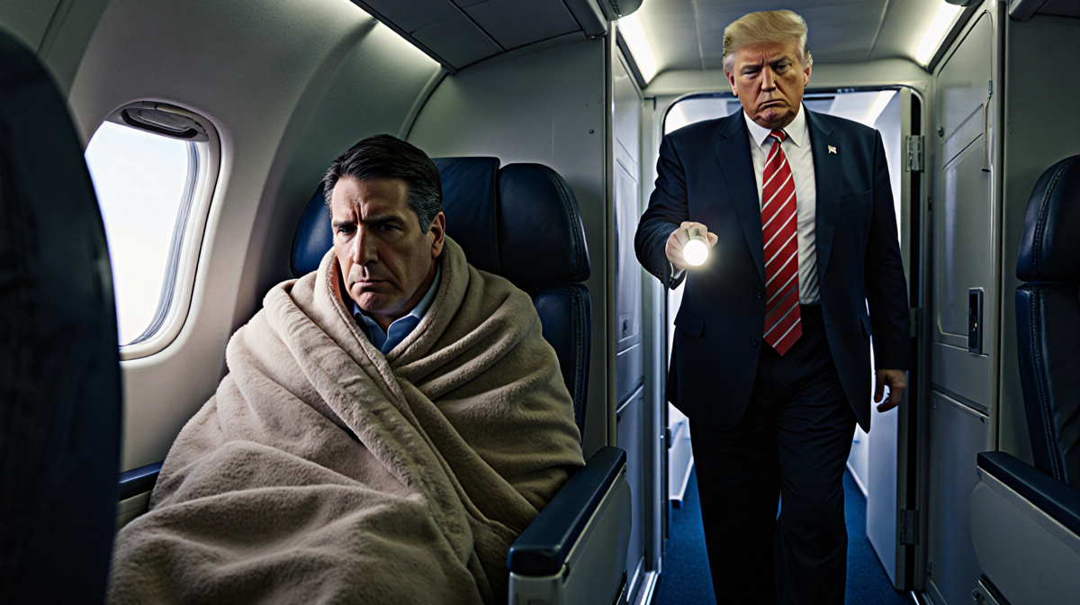 Marco Rubio hiding under a blanket while Donald Trump emerges from cabin door with flashlight in dark hallway.