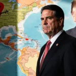 Marco Rubio standing in dim with map of Americas and red markers on Venezuela and Cuba and Diaz‑Canel’s face behind him.