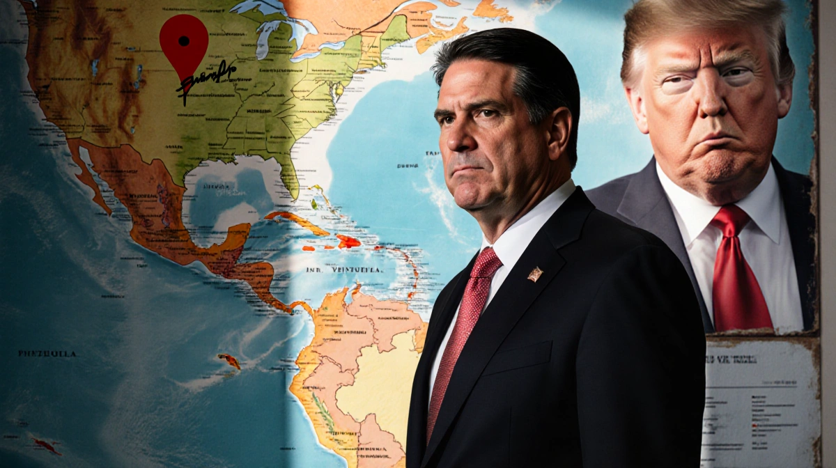 Marco Rubio standing in dim with map of Americas and red markers on Venezuela and Cuba and Diaz‑Canel’s face behind him.
