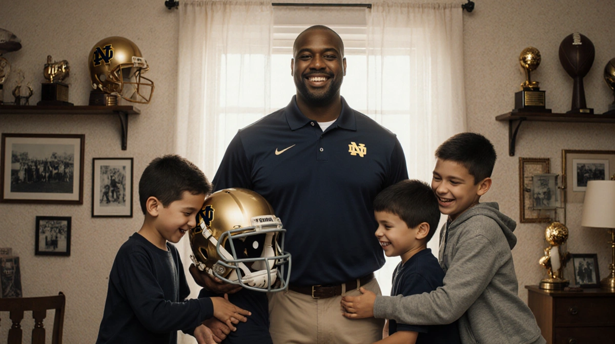 Marcus Freeman stands with his six children near football trophies and family photos with natural light streaming through the