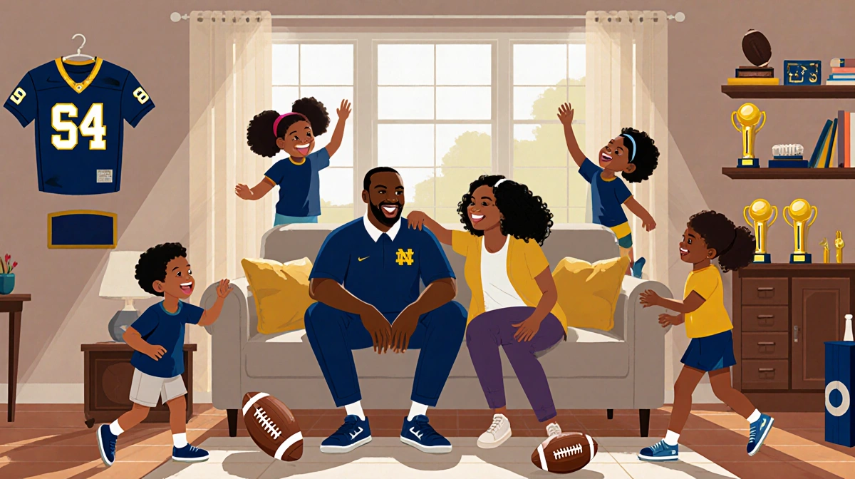 Marcus Freeman sits with family on couch surrounded by children playing with football jerseys and trophies nearby