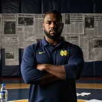 Marcus Freeman stands with arms crossed and determined expression with blurred newspaper headlines and scattered papers in ba