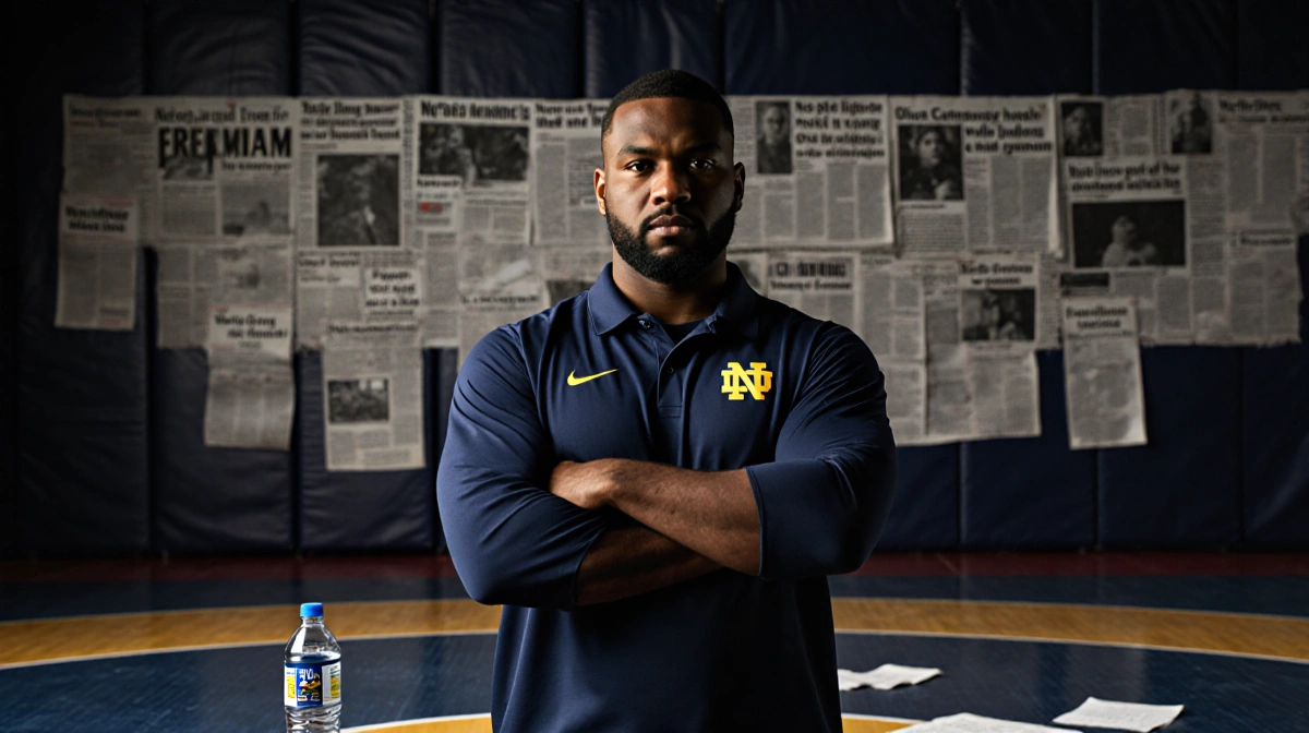 Marcus Freeman stands with arms crossed and determined expression with blurred newspaper headlines and scattered papers in ba