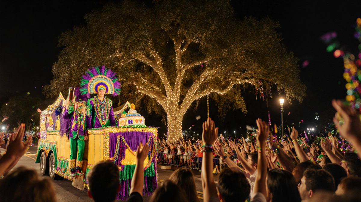 Mardi Gras float parades with cheering crowd holding king cake boxes and throwing beads near lit oak tree