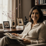 Margarita Aaron sits comfortably in her home office holding a photo album with warm natural light illuminating personal memen