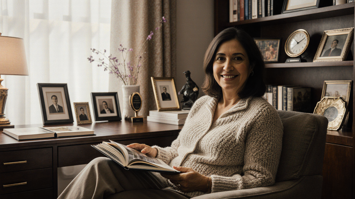 Margarita Aaron sits comfortably in her home office holding a photo album with warm natural light illuminating personal memen