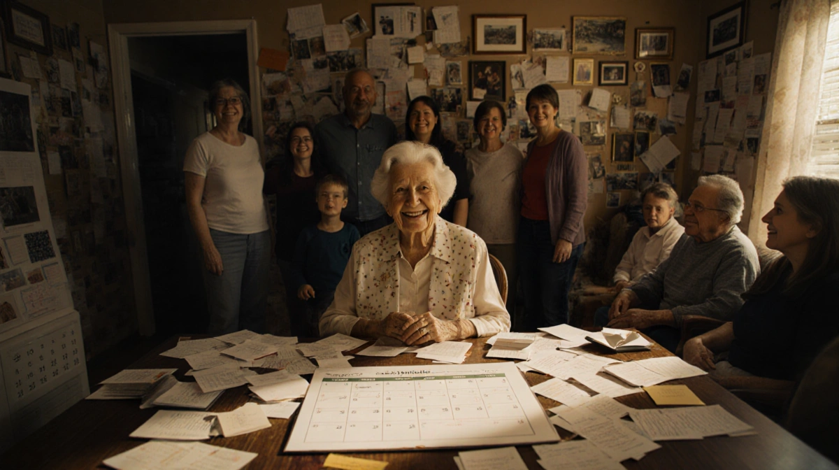 Margie smiling warmly while organizing family calendar with photos and notes scattered across cluttered room