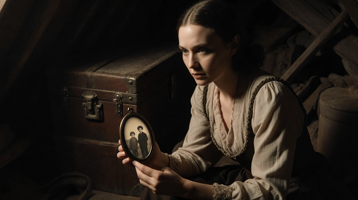 Margot Robbie clutching antique locket with faded childhood photo and dusty heirlooms in attic shadows