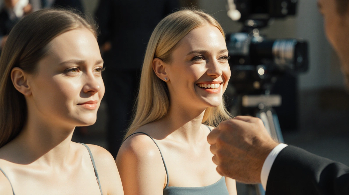 Margot Robbie smiles confidently on 1960s film set with Jennifer Lawrence seated beside her and vintage props behind