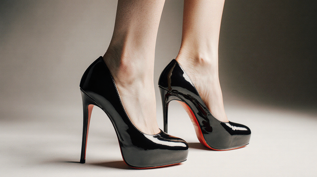 Margot Robbie's feet resting on high heels with patent leather and red soles and a soft glow.