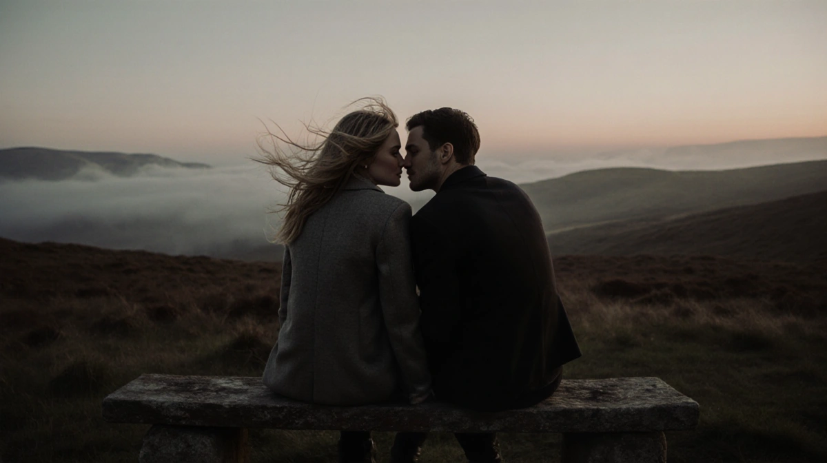 Margot Robbie and Jacob Elordi sit together on a worn stone bench at dusk with misty moorland behind them sharing an intimate