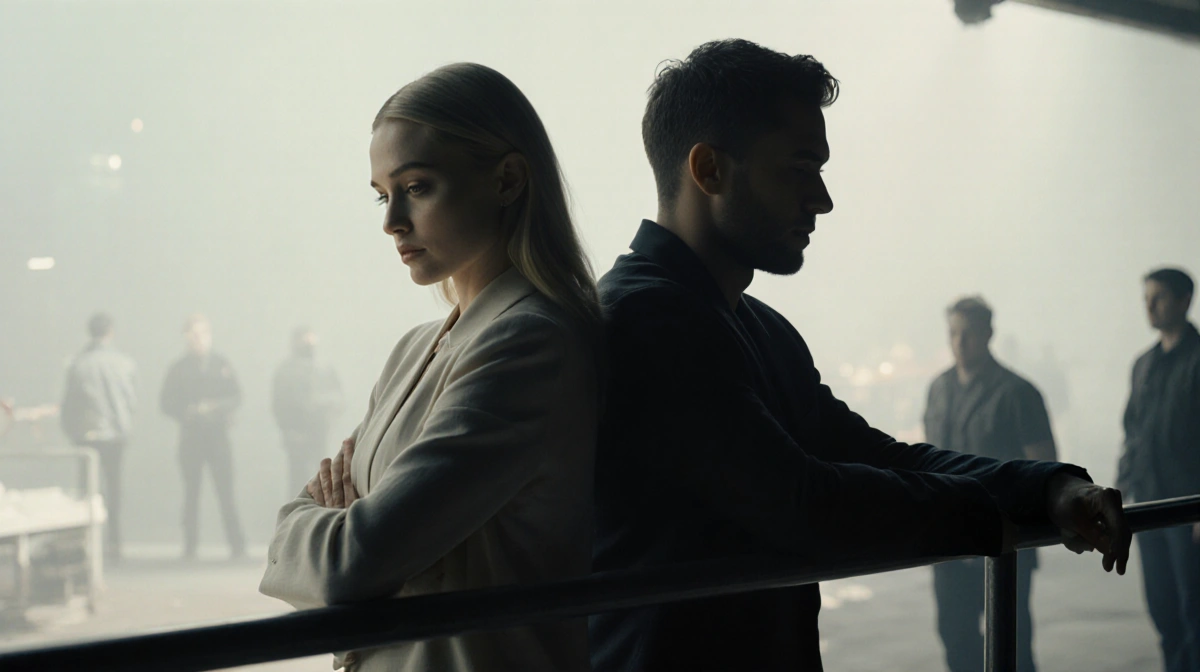 Margot Robbie stands with arms crossed near Jacob Elordi leaning against railing with soft lighting showing a quiet film set.
