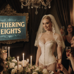 Margot Robbie standing at a lavish Victorian bachelorette party with a golden Wuthering Heights screen and candlelit decor