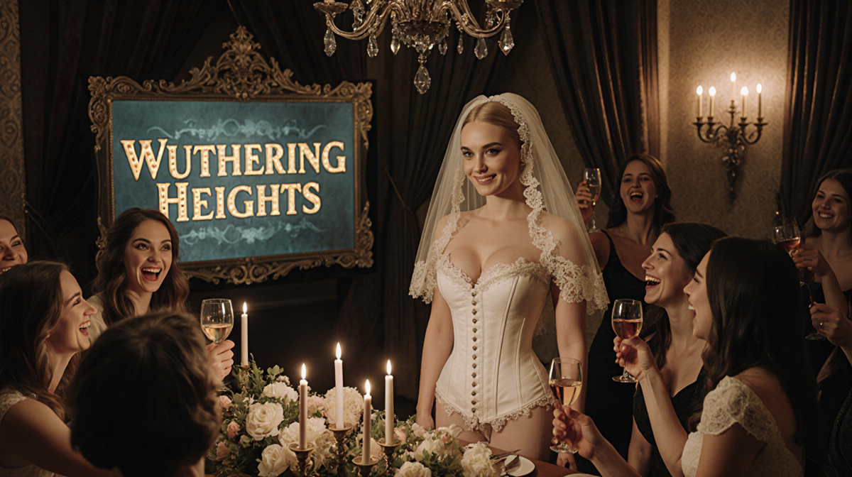 Margot Robbie standing at a lavish Victorian bachelorette party with a golden Wuthering Heights screen and candlelit decor