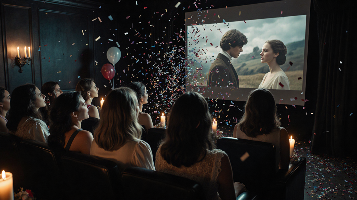 Women watching a dramatic film scene with candlelit faces and confetti scattering around.