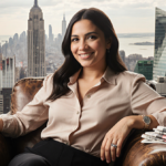 Maria Mercedes Lara smiles while holding a vintage camera with newspapers beside her and soft NYC skyline behind