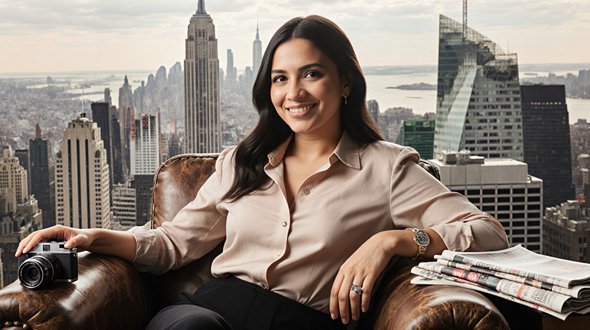 Maria Mercedes Lara smiles while holding a vintage camera with newspapers beside her and soft NYC skyline behind