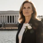 Maria Shriver stands at Lincoln Memorial with warm sunlight and gentle water ripples symbolizing hope