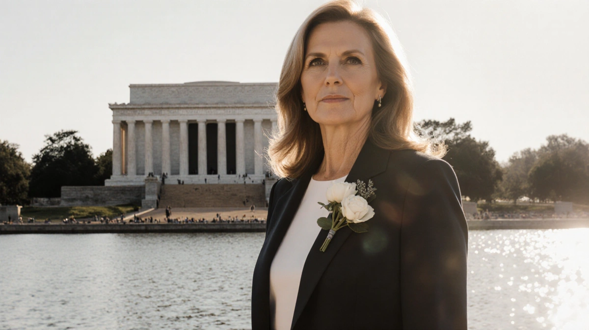 Maria Shriver stands at Lincoln Memorial with warm sunlight and gentle water ripples symbolizing hope